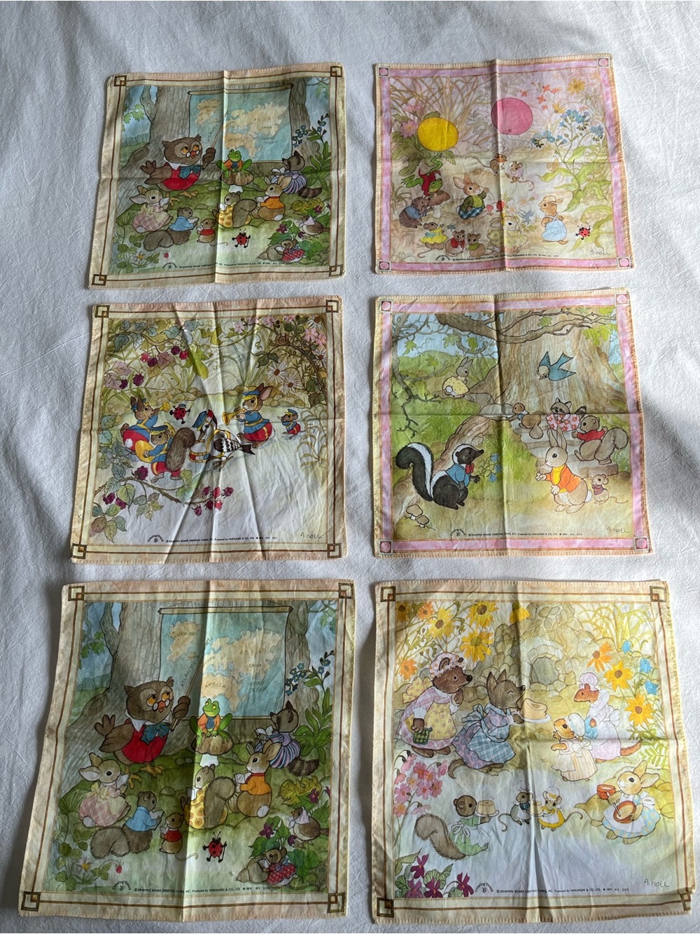 Vtg Drawing Board Nakanishi Handkerchief Lot 6 A Noel Woodland Animals Hankie